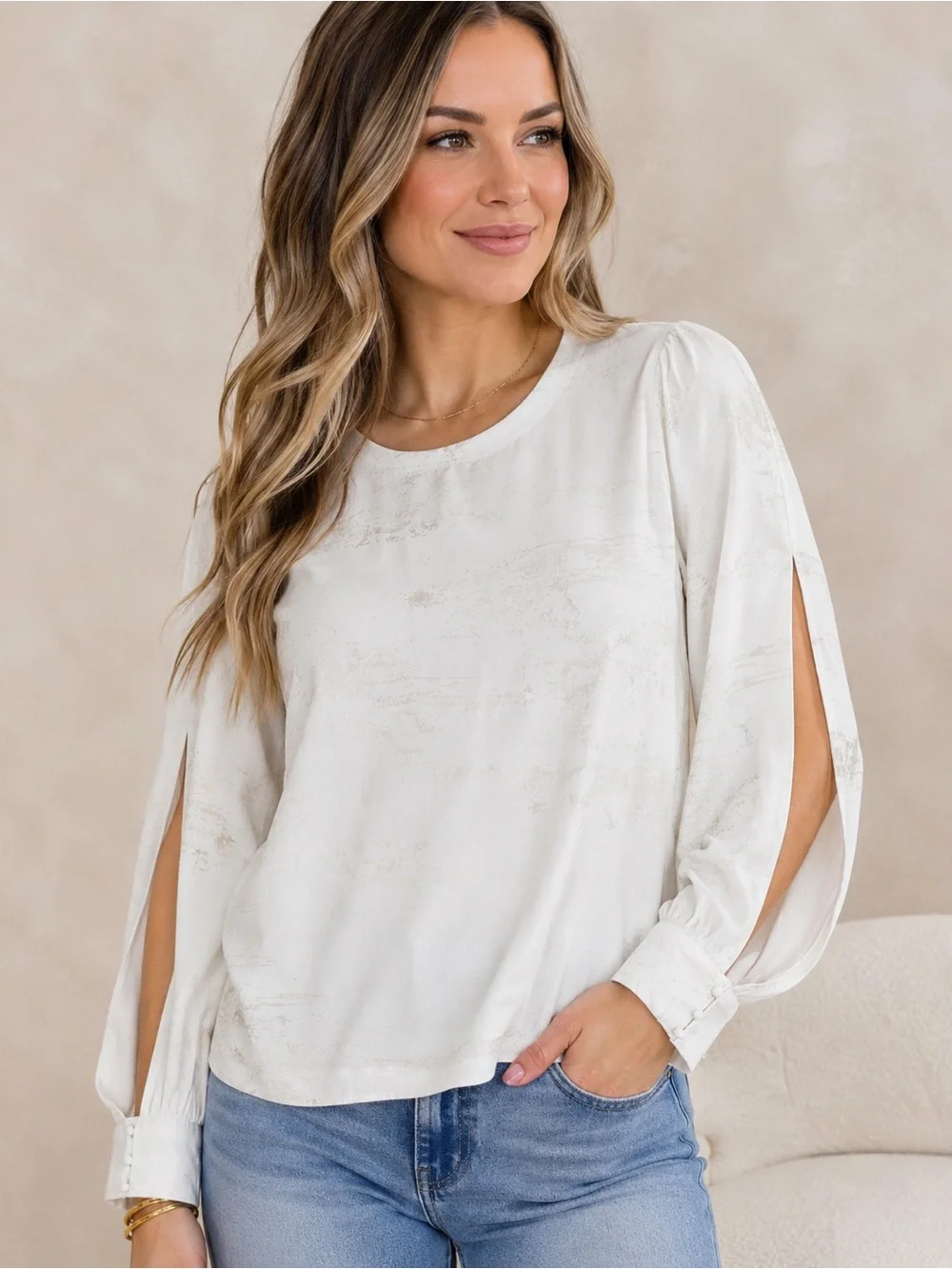 Maurices White Metallic Abstract Print Split Long Sleeve Detail Blouse Top XL
